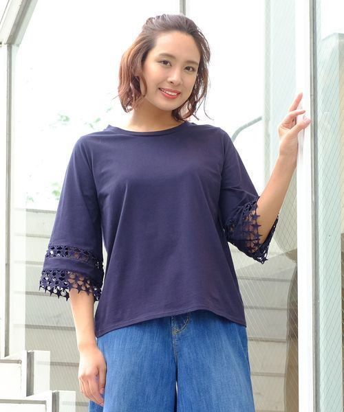 sabstreet my standard(サブストリートマイスタンダード)の「『FONTLAB(フォントラブ)』袖スターレースカットソー【9号(M)】(Tシャツ/カットソー・レディース・ホワイト/ネイビー/ホワイト×ブラック/テラコッタ・9号/15号)」の1枚目の写真