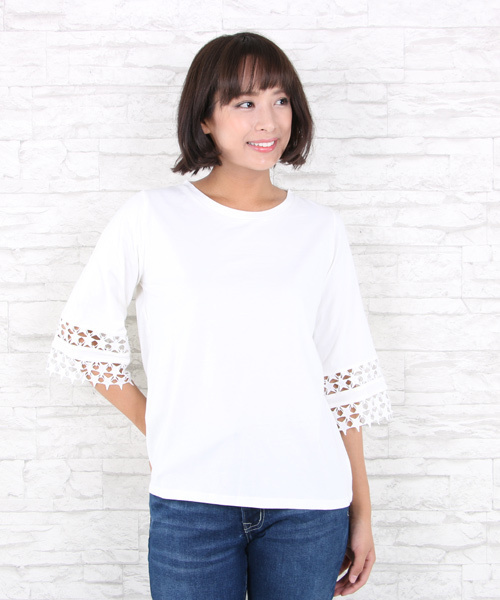 sabstreet my standard(サブストリートマイスタンダード)の「『FONTLAB(フォントラブ)』袖スターレースカットソー【9号(M)】(Tシャツ/カットソー・レディース・ホワイト/ネイビー/ホワイト×ブラック/テラコッタ・9号/15号)」の2枚目の写真