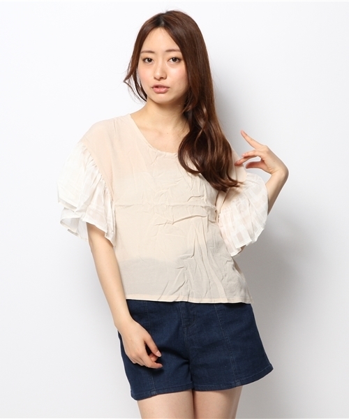 mystic(ミスティック)の「袖チェックブラウス(シャツ/ブラウス・レディース・ネイビー/ブルー/ベージュ/オフホワイト・フリ-)」の12枚目の写真