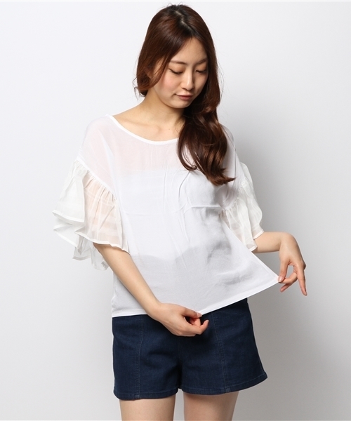 mystic(ミスティック)の「袖チェックブラウス(シャツ/ブラウス・レディース・ネイビー/ブルー/ベージュ/オフホワイト・フリ-)」の11枚目の写真