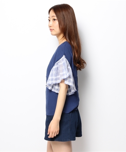 mystic(ミスティック)の「袖チェックブラウス(シャツ/ブラウス・レディース・ネイビー/ブルー/ベージュ/オフホワイト・フリ-)」の5枚目の写真