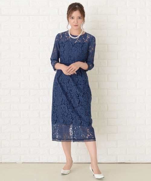 Lace Ladies(レースレディース)の「レースデザイン七分袖ワンピースドレス(ドレス・レディース・グリーン/ブラック/ワインレッド/ネイビー・L/M/S/XL)」の1枚目の写真