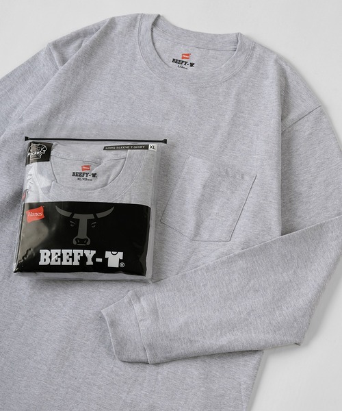 HANES(ヘインズ)の「【Hanes/ヘインズ】 BEEFY LONG SLEEVE ポケットTシャツ 1P クルーネック Tシャツ(Tシャツ/カットソー・メンズ・ホワイト/ブラック/グレー/ネイビー・L/M/XL)」の4枚目の写真