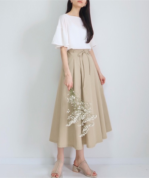 PURIL（ピュリル）の「【PURIL】ウェストリボン付き タックフレア スカート（スカート・レディース・ベージュ/ネイビー/ライラック・S/M）」の3枚目の写真