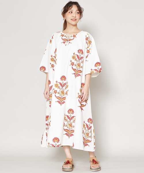 チャイハネ（チャイハネ）の「【チャイハネ】ブロックプリント リモーネワンピース（ワンピース・レディース・ホワイト/オレンジ/ブルー・FREE）」の2枚目の写真