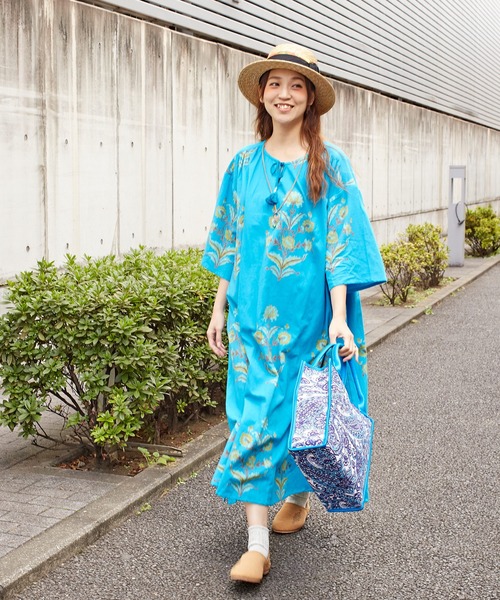 チャイハネ（チャイハネ）の「【チャイハネ】ブロックプリント リモーネワンピース（ワンピース・レディース・ホワイト/オレンジ/ブルー・FREE）」の9枚目の写真