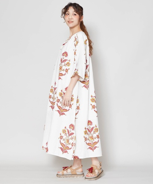 チャイハネ（チャイハネ）の「【チャイハネ】ブロックプリント リモーネワンピース（ワンピース・レディース・ホワイト/オレンジ/ブルー・FREE）」の4枚目の写真