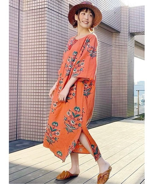 チャイハネ（チャイハネ）の「【チャイハネ】ブロックプリント リモーネワンピース（ワンピース・レディース・ホワイト/オレンジ/ブルー・FREE）」の20枚目の写真