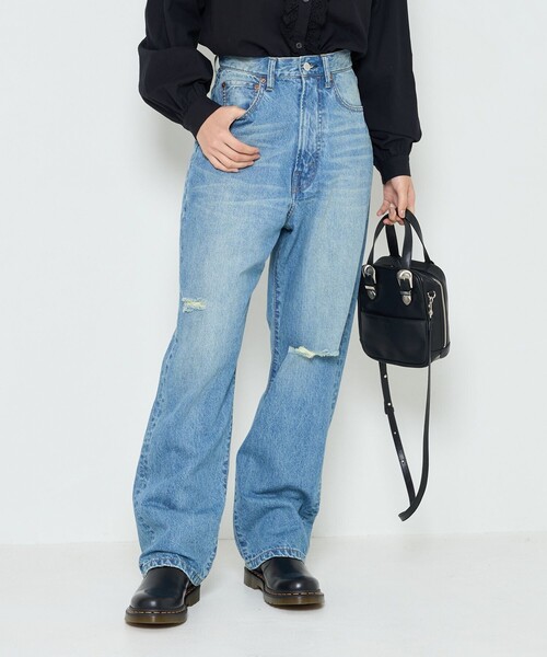 FREAK'S STORE（フリークスストア）の「▽【WEB限定】ダメージテーパードデニム（デニムパンツ・レディース・ブラック/サックスブルー/ブルー・SMALL/MEDIUM/X-SMALL）」の3枚目の写真