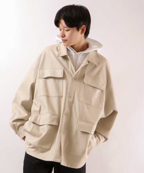 SUGGESTION（サジェッション）の「SUGGESTION PUオーバーサイズボリュームスリーブファティーグジャケット（ミリタリージャケット・メンズ・ブラック/アイボリー/グレイッシュブルー・M/L）」の2枚目の写真