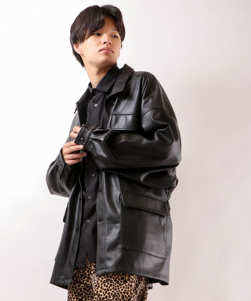 SUGGESTION（サジェッション）の「SUGGESTION PUオーバーサイズボリュームスリーブファティーグジャケット（ミリタリージャケット・メンズ・ブラック/アイボリー/グレイッシュブルー・M/L）」の3枚目の写真