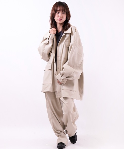 SUGGESTION（サジェッション）の「SUGGESTION PUオーバーサイズボリュームスリーブファティーグジャケット（ミリタリージャケット・メンズ・ブラック/アイボリー/グレイッシュブルー・M/L）」の10枚目の写真