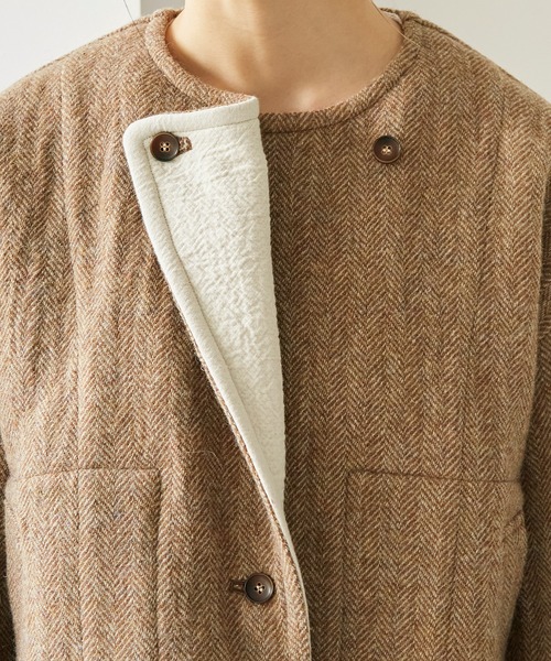 cardo fabrica（カルドファブリカ）の「◇へリンボンダブルフェイス リバーシブルショートジャケット（ノーカラージャケット・レディース・ダークブラウン/ベージュ・FREE）」の21枚目の写真