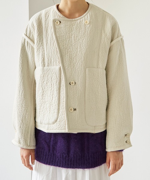 cardo fabrica（カルドファブリカ）の「◇へリンボンダブルフェイス リバーシブルショートジャケット（ノーカラージャケット・レディース・ダークブラウン/ベージュ・FREE）」の17枚目の写真