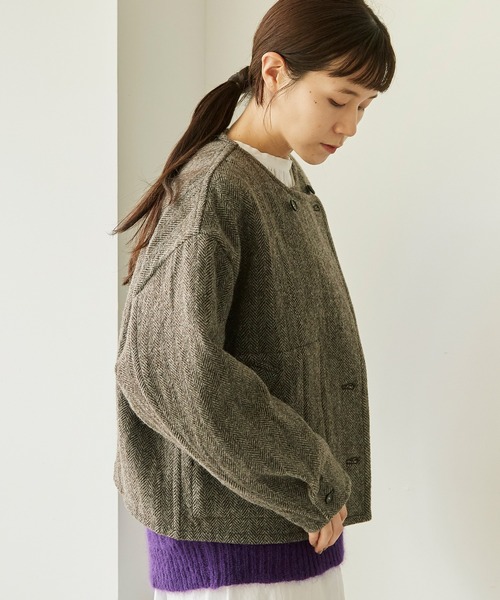 cardo fabrica（カルドファブリカ）の「◇へリンボンダブルフェイス リバーシブルショートジャケット（ノーカラージャケット・レディース・ダークブラウン/ベージュ・FREE）」の18枚目の写真