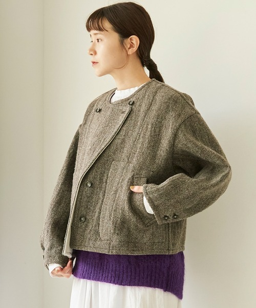 cardo fabrica（カルドファブリカ）の「◇へリンボンダブルフェイス リバーシブルショートジャケット（ノーカラージャケット・レディース・ダークブラウン/ベージュ・FREE）」の12枚目の写真