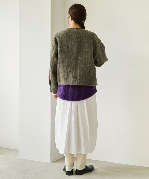 cardo fabrica（カルドファブリカ）の「◇へリンボンダブルフェイス リバーシブルショートジャケット（ノーカラージャケット・レディース・ダークブラウン/ベージュ・FREE）」の7枚目の写真