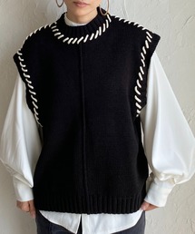 配色ハンドステッチアウトリンキングニットベスト