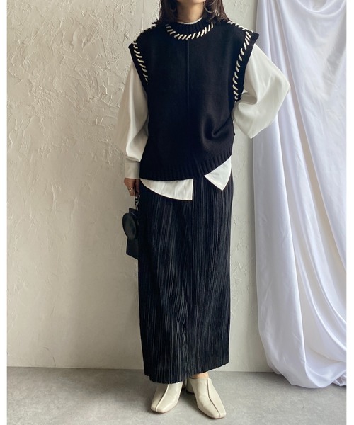 She's Closet（シーズクローゼット）の「配色ハンドステッチアウトリンキングニットベスト（ベスト・レディース・ブラック/アイボリー/グリーン・FREE）」の18枚目の写真