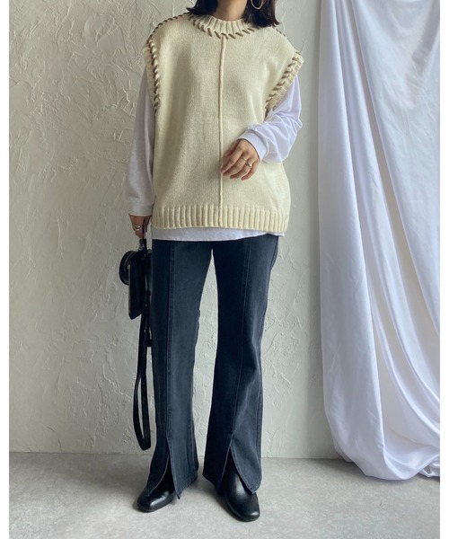 She's Closet（シーズクローゼット）の「配色ハンドステッチアウトリンキングニットベスト（ベスト・レディース・ブラック/アイボリー/グリーン・FREE）」の21枚目の写真