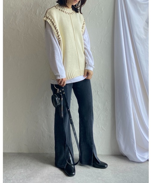 She's Closet（シーズクローゼット）の「配色ハンドステッチアウトリンキングニットベスト（ベスト・レディース・ブラック/アイボリー/グリーン・FREE）」の6枚目の写真