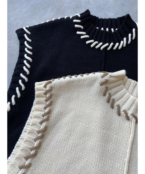 She's Closet（シーズクローゼット）の「配色ハンドステッチアウトリンキングニットベスト（ベスト・レディース・ブラック/アイボリー/グリーン・FREE）」の7枚目の写真