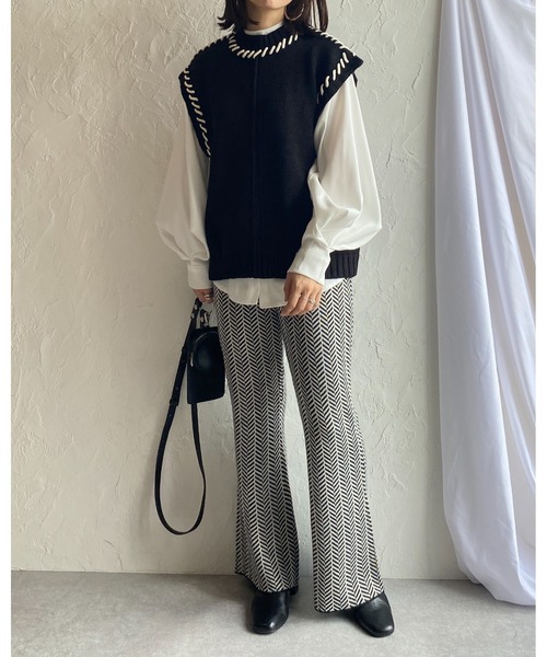 She's Closet（シーズクローゼット）の「配色ハンドステッチアウトリンキングニットベスト（ベスト・レディース・ブラック/アイボリー/グリーン・FREE）」の13枚目の写真