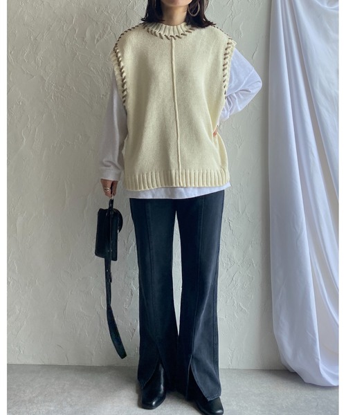 She's Closet（シーズクローゼット）の「配色ハンドステッチアウトリンキングニットベスト（ベスト・レディース・ブラック/アイボリー/グリーン・FREE）」の20枚目の写真