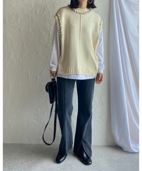 She's Closet（シーズクローゼット）の「配色ハンドステッチアウトリンキングニットベスト（ベスト・レディース・ブラック/アイボリー/グリーン・FREE）」の5枚目の写真