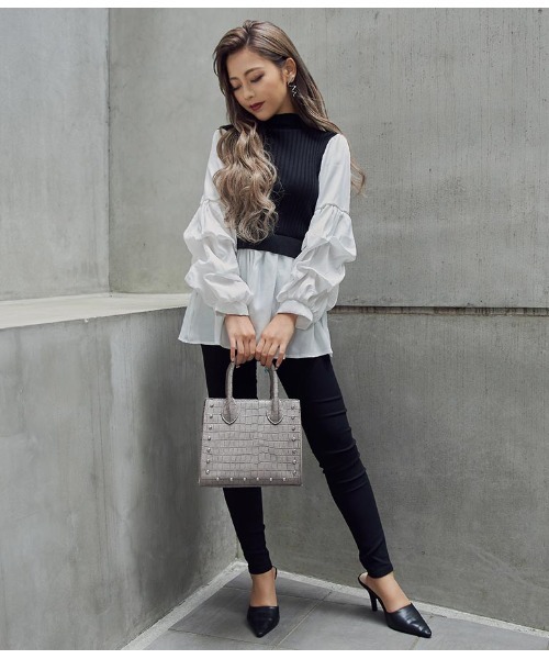 ANAP（アナップ）の「リブニットコンビトップス（Tシャツ/カットソー・レディース・ブラック/グレイッシュベージュ・FREE）」の20枚目の写真