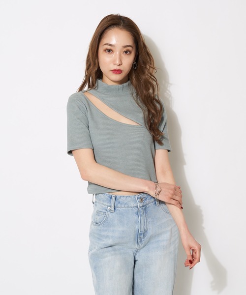 SPIRALGIRL（スパイラルガール）の「プチハイアシメリブトップス（Tシャツ/カットソー・レディース・ブラック/オフホワイト/ブルー・FREE）」の7枚目の写真