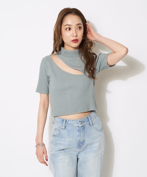 SPIRALGIRL（スパイラルガール）の「プチハイアシメリブトップス（Tシャツ/カットソー・レディース・ブラック/オフホワイト/ブルー・FREE）」の6枚目の写真