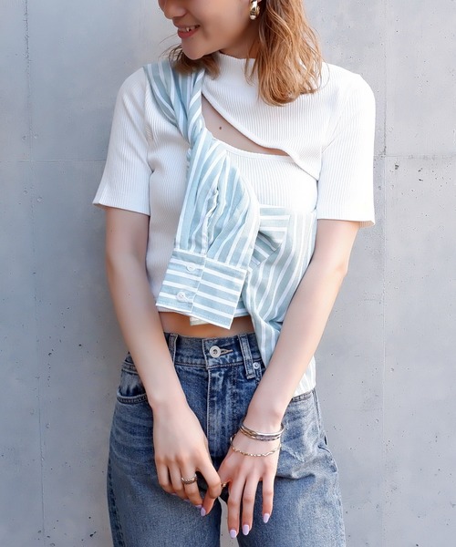 SPIRALGIRL（スパイラルガール）の「プチハイアシメリブトップス（Tシャツ/カットソー・レディース・ブラック/オフホワイト/ブルー・FREE）」の21枚目の写真