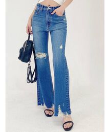 ハイウエスト HEMダメージ フレアデニムパンツ