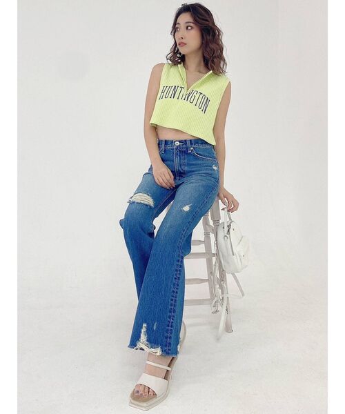 GYDA（ジェイダ）の「ハイウエスト HEMダメージ フレアデニムパンツ（デニムパンツ・レディース・ブルー/ライトブルー・X-SMALL/SMALL/MEDIUM）」の7枚目の写真