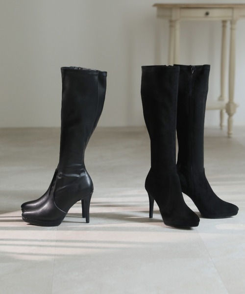 ポインテッドトゥプラットフォームストレッチロングブーツ（ブーツ