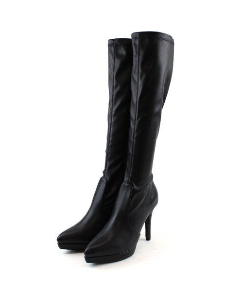 セール】ポインテッドトゥプラットフォームストレッチロングブーツ