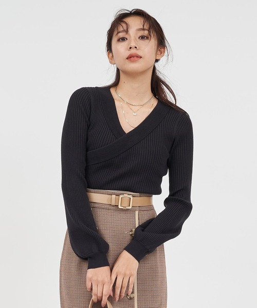 ROYAL PARTY(ロイヤルパーティー)の「カシュクールリブニットトップス(ニット/セーター・レディース・ブラック/ピンク/オフホワイト・FREE)」の5枚目の写真