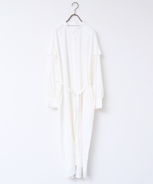 hunch(ハンチ)の「やわらかツイルデニム 袖フリルシャツワンピース | 春夏秋冬 長袖 ライトアウター ベルト付き 膝下丈(シャツワンピース・レディース・オフホワイト・FREE)」の12枚目の写真