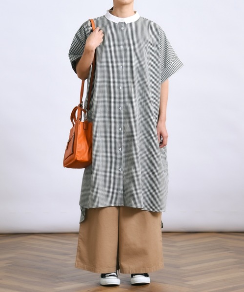 folka（フォルカ）の「1-ストライプ オーバーシャツ 半袖 ワンピース ワイドシルエット ギンガムチェック ストライプ チェック（シャツワンピース・レディース・ブラック×ホワイト/ネイビー×ホワイト・ONE SIZE）」の3枚目の写真
