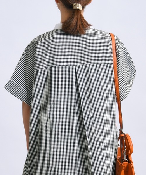 folka（フォルカ）の「1-ストライプ オーバーシャツ 半袖 ワンピース ワイドシルエット ギンガムチェック ストライプ チェック（シャツワンピース・レディース・ブラック×ホワイト/ネイビー×ホワイト・ONE SIZE）」の5枚目の写真