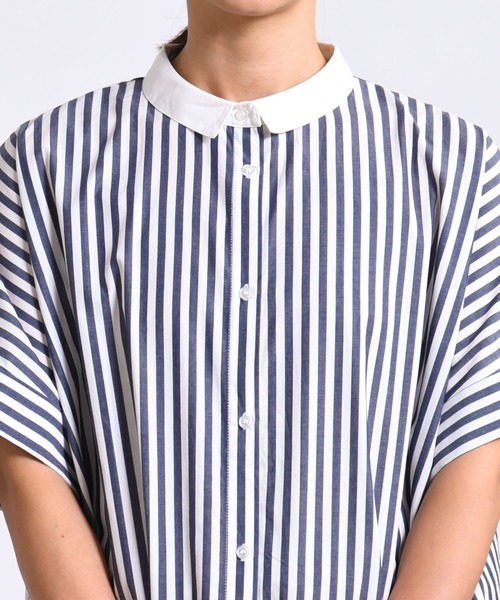 folka（フォルカ）の「1-ストライプ オーバーシャツ 半袖 ワンピース ワイドシルエット ギンガムチェック ストライプ チェック（シャツワンピース・レディース・ブラック×ホワイト/ネイビー×ホワイト・ONE SIZE）」の9枚目の写真