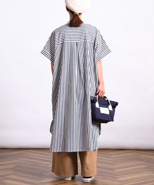 folka（フォルカ）の「1-ストライプ オーバーシャツ 半袖 ワンピース ワイドシルエット ギンガムチェック ストライプ チェック（シャツワンピース・レディース・ブラック×ホワイト/ネイビー×ホワイト・ONE SIZE）」の11枚目の写真