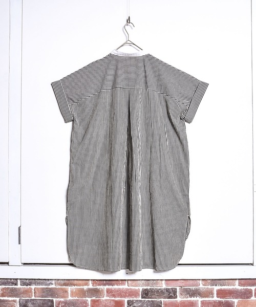 folka（フォルカ）の「1-ストライプ オーバーシャツ 半袖 ワンピース ワイドシルエット ギンガムチェック ストライプ チェック（シャツワンピース・レディース・ブラック×ホワイト/ネイビー×ホワイト・ONE SIZE）」の8枚目の写真