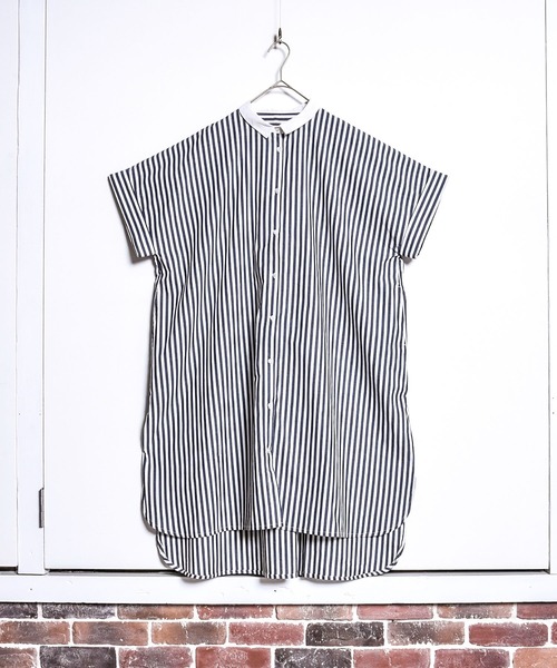 folka（フォルカ）の「1-ストライプ オーバーシャツ 半袖 ワンピース ワイドシルエット ギンガムチェック ストライプ チェック（シャツワンピース・レディース・ブラック×ホワイト/ネイビー×ホワイト・ONE SIZE）」の12枚目の写真