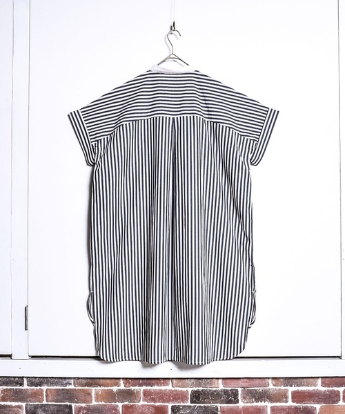 folka（フォルカ）の「1-ストライプ オーバーシャツ 半袖 ワンピース ワイドシルエット ギンガムチェック ストライプ チェック（シャツワンピース・レディース・ブラック×ホワイト/ネイビー×ホワイト・ONE SIZE）」の13枚目の写真