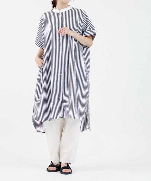 folka（フォルカ）の「1-ストライプ オーバーシャツ 半袖 ワンピース ワイドシルエット ギンガムチェック ストライプ チェック（シャツワンピース・レディース・ブラック×ホワイト/ネイビー×ホワイト・ONE SIZE）」の14枚目の写真