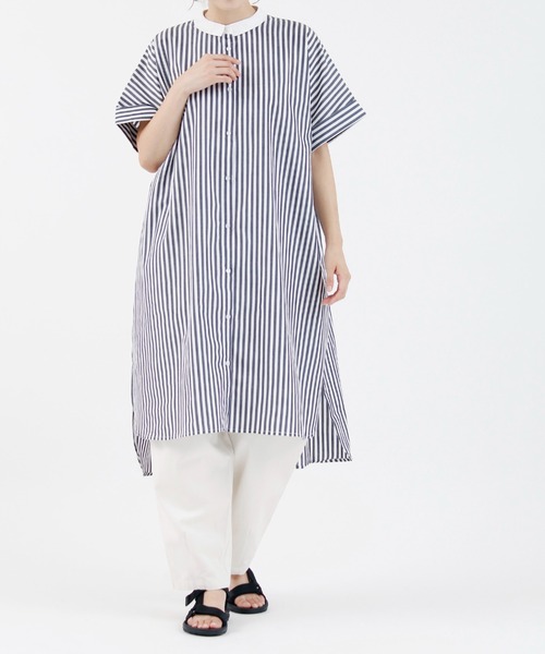 folka（フォルカ）の「1-ストライプ オーバーシャツ 半袖 ワンピース ワイドシルエット ギンガムチェック ストライプ チェック（シャツワンピース・レディース・ブラック×ホワイト/ネイビー×ホワイト・ONE SIZE）」の15枚目の写真