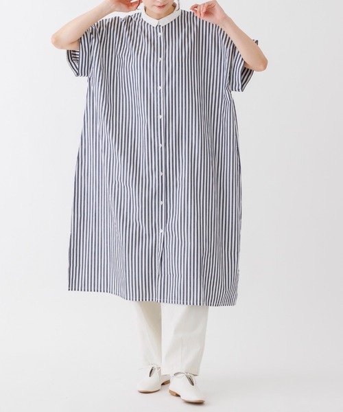 folka（フォルカ）の「1-ストライプ オーバーシャツ 半袖 ワンピース ワイドシルエット ギンガムチェック ストライプ チェック（シャツワンピース・レディース・ブラック×ホワイト/ネイビー×ホワイト・ONE SIZE）」の17枚目の写真