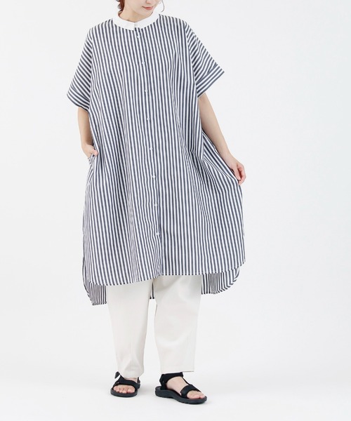 folka（フォルカ）の「1-ストライプ オーバーシャツ 半袖 ワンピース ワイドシルエット ギンガムチェック ストライプ チェック（シャツワンピース・レディース・ブラック×ホワイト/ネイビー×ホワイト・ONE SIZE）」の18枚目の写真